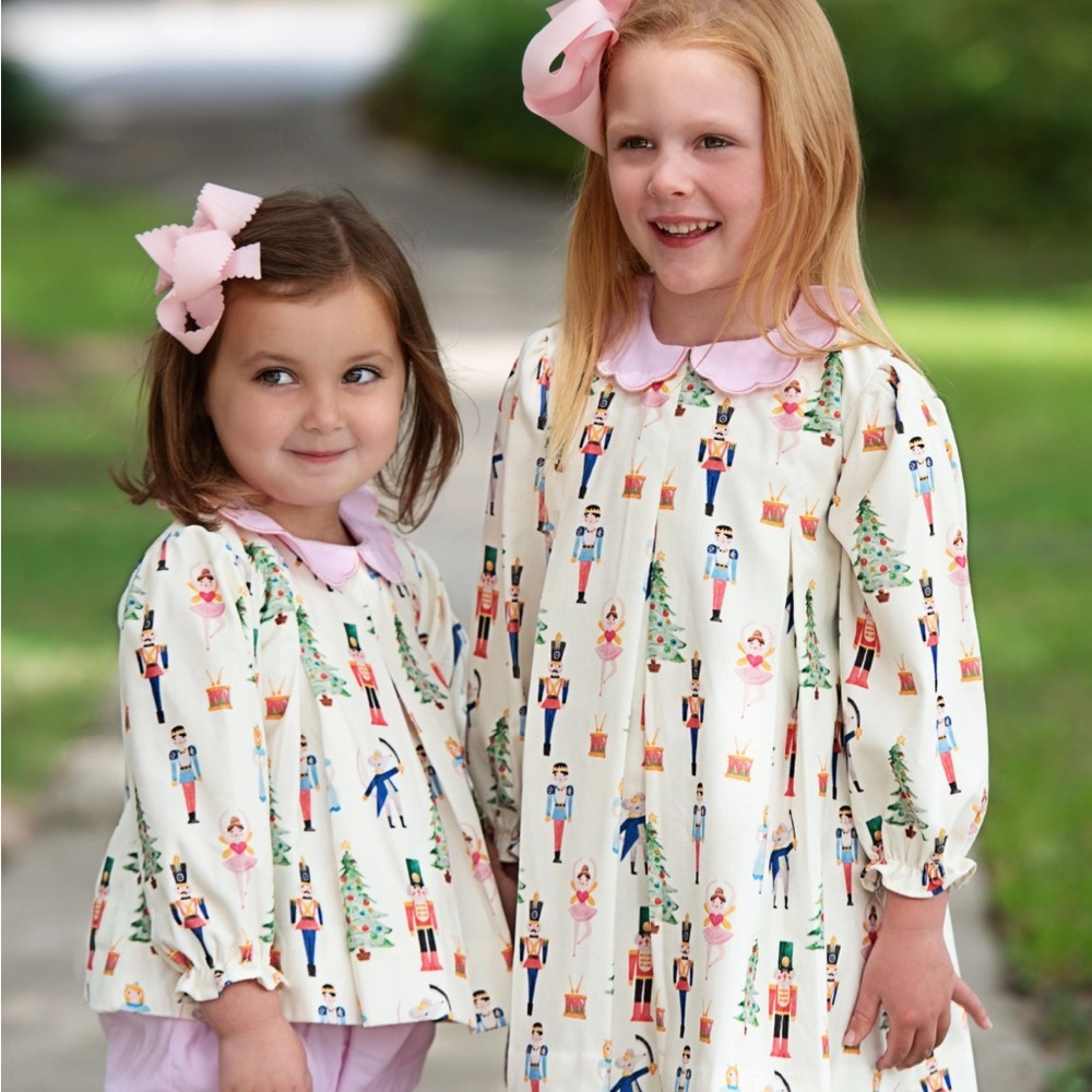 Charming Nutcracker Print Kids Dress with Pink Collar